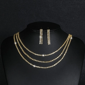 Sparkling rhinestone three-layer necklace and drop earring jewelry set for weddings