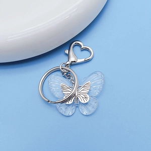 Transparent resin butterfly keychain with silver metal heart lobster clasp and ring