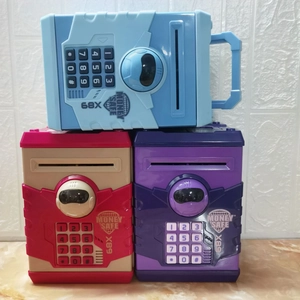 Vertical stack of colorful ATM piggy banks featuring password lock and digital keypad