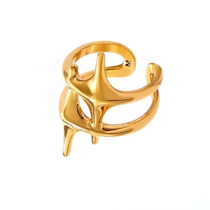 Geometric Cross Star Ring Stainless Steel 18K Gold Plated Abstract Fluid Design Index Finger Jewelry For Women Men
