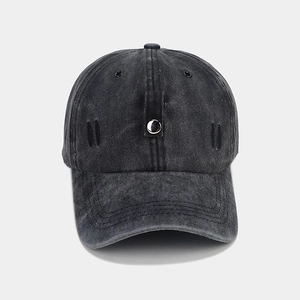 Front view of vintage washed dark grey baseball cap with metal button detail