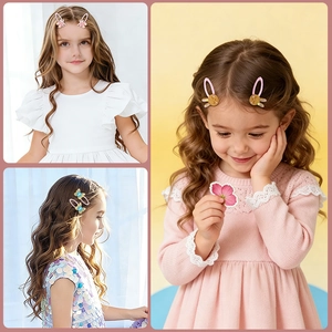 Close-up of cute cartoon rabbit and butterfly hair clips with glitter finish for girls