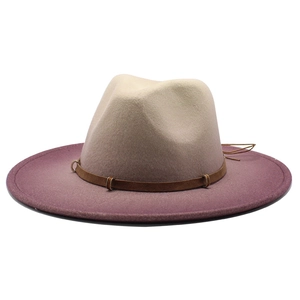 Detail of wool fedora featuring two-tone gradient and leather band with metal ring
