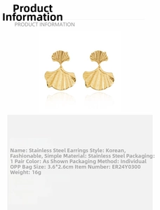 Detailed view of 18K gold-plated stainless steel ginkgo leaf earrings with fine texture