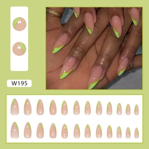 Neon green French tip almond press-on nails with gold glitter line, 24 pieces set W195