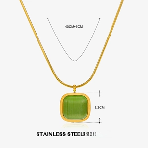 Detail of stainless steel snake chain and green natural stone pendant with dimensions