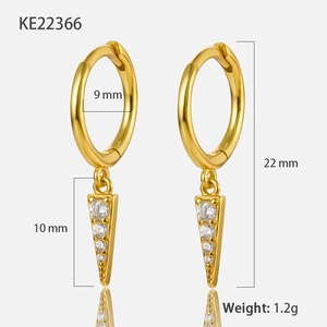 Elegant S925 sterling silver gold hoop earrings with studded triangle crystal pendants