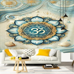 Détail de la tapisserie mandala bleu et or avec symbole Om et éléments océaniques marins