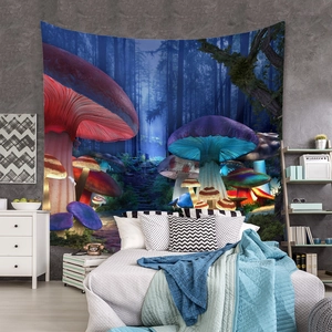 Detail of bohemian mushroom tapestry hanging on a bedroom wall as aesthetic room decor