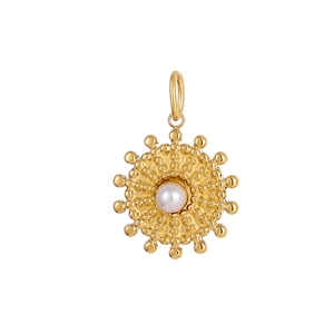 Macro detail of golden sunflower pendant with central white pearl inlay for jewelry DIY