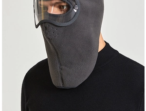 Detail of windproof winter fleece mask with goggles and laser-cut breathing vents
