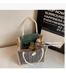 Linen tote bag detail showing interior capacity for iPad, phone, water bottle and umbrella