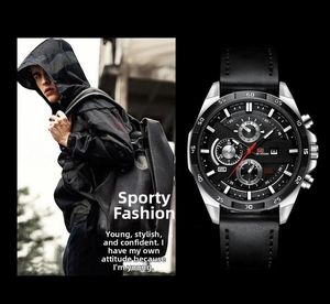 Detail of VA VOOM men's quartz sports watch with black leather strap and steel case