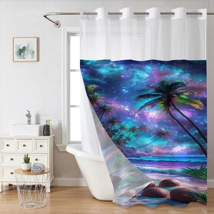 Detail showing tropical palm tree and galaxy print on waterproof waffle fabric shower curtain