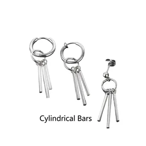 Titanium steel silver cylindrical earrings set with minimalist vertical round rod pendants