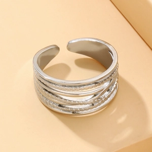 Minimalist silver multilayer adjustable stainless steel ring with twisted rope design