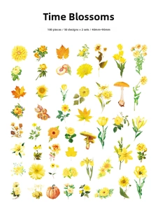Detailed grid layout of 100 floral stickers showing various vintage botanical patterns