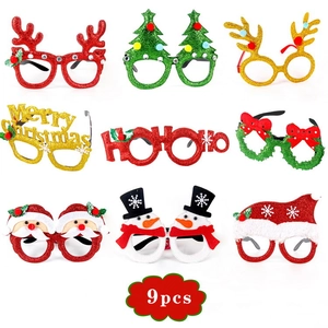 9-piece set of Christmas party eyewear with reindeer, trees, and snowman glitter designs
