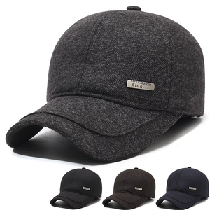 Winter Warm Baseball Cap With Earflaps Fleece Lined Windproof Woolen Hat For Men Outdoor Thermal Peaked Cap Metal Decor