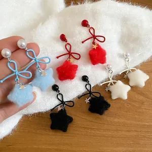 Bow pearl stud earrings with plush velvet star pendants in multiple colors