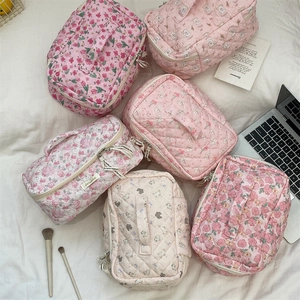 Flat lay of quilted cosmetic bags with floral patterns and cute cartoon animal designs
