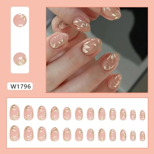 Elegant 24pcs nude press-on nails with 3D golden bamboo leaf pattern and almond shape