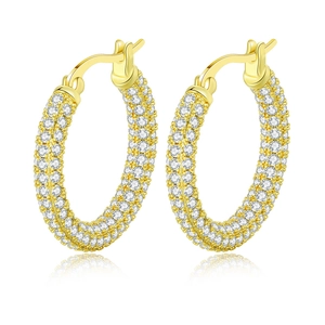 Close-up of gold-plated hoop earrings with micro-paved white zircons and clasp detail
