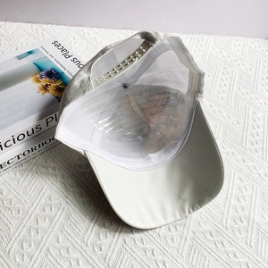 Detail view of adjustable back closure and breathable mesh on white baseball cap