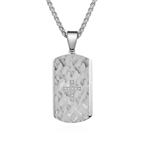 Silver titanium steel dog tag necklace with hammered texture and diamond cross pendant