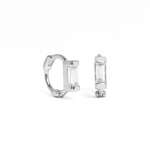 Detail of S925 sterling silver hoop earrings with rectangular cubic zirconia