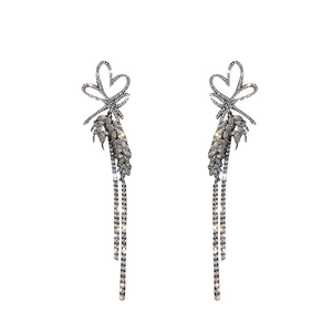 Elegant silver tassel earrings with heart bow design and sparkling rhinestones for women