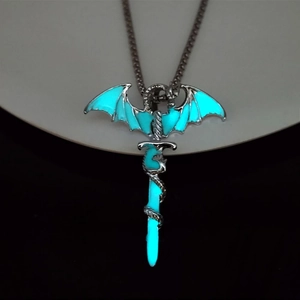 Luminous dragon wrapping around a sword pendant with blue-green glow on a silver chain