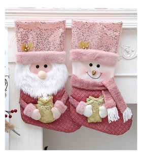 Detailansicht der rosa Weihnachtssocken mit Pailletten, Plüschrand, Weihnachtsmann und Schneemann