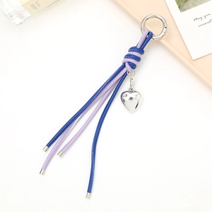 Blue and purple woven leather keychain with heart charm and silver ring pendant