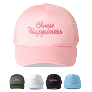 Polyester Trucker Hat Choose Happiness Embroidery Mesh Back Adjustable Sun Protection Outdoor Sport Baseball Cap
