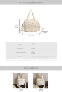 Détails du sac de rangement matelassé indiquant les dimensions 24x24x13cm et le poids 0,31kg