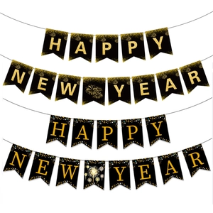Happy New Year Banner Paper Bunting Glitter Gold Black Fireworks Design Celebration Party Decoration Hanging Signs