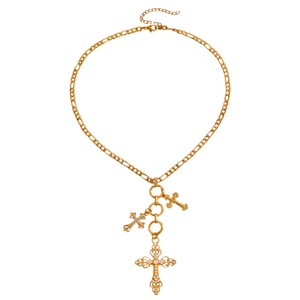 Gold hip hop layered necklace with sparkling rhinestone cross pendants on link chain