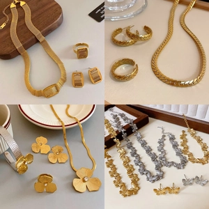 Stainless Steel Jewelry Necklace Earrings Ring Bracelet Butterfly Flower Vintage Gold Plated Fashion For Women