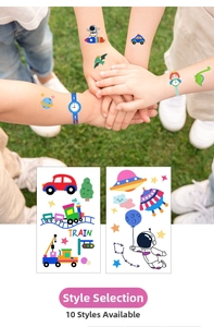 Details of colorful waterproof cartoon tattoo stickers for kids on hands and arms