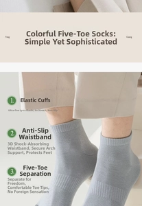 Detailansicht grauer Zehensocken mit elastischer Fußgewölbestütze und 3D-Stoßdämpfung