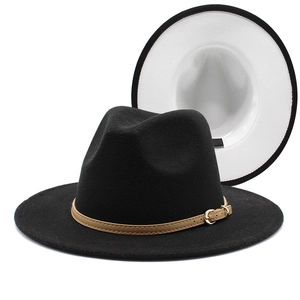 Detailed view of wool fedora with contrast white underbrim and leather buckle band