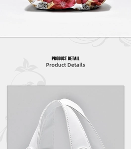 Close-up of premium stitching and leather texture on a white tote with floral variants