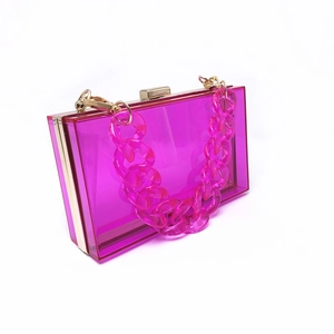 Modern transparent magenta acrylic shoulder bag with gold hardware and chunky chain strap