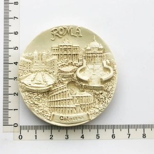 Close-up of white resin Rome souvenir magnet featuring Piazza di Spagna relief