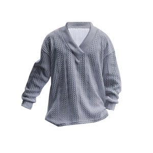 Classic grey cable knit V-neck sweater for men in a relaxed fit with long sleeves