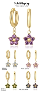 Detailed tile display of star-shaped zircon earrings in multiple vibrant colors