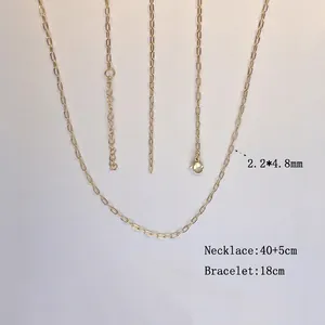 18K gold plated stainless steel paperclip chain necklace and bracelet set for women