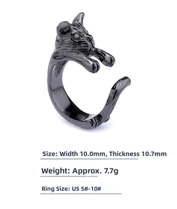 Détails des dimensions et tailles d'une bague chat noir enveloppante en acier inoxydable