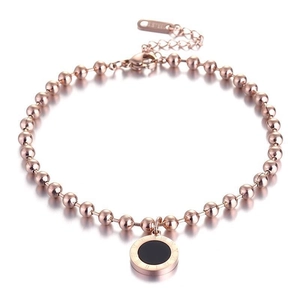 Rose gold stainless steel beaded bracelet featuring a round Roman numeral pendant detail